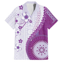 Bula Fiji Family Matching Off Shoulder Short Dress and Hawaiian Shirt Violet Plumeria Masi Tapa Pattern - Polynesian Pride