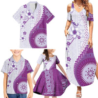 Bula Fiji Family Matching Summer Maxi Dress and Hawaiian Shirt Violet Plumeria Masi Tapa Pattern - Polynesian Pride