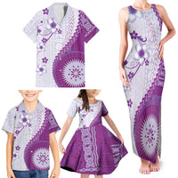 Bula Fiji Family Matching Tank Maxi Dress and Hawaiian Shirt Violet Plumeria Masi Tapa Pattern - Polynesian Pride