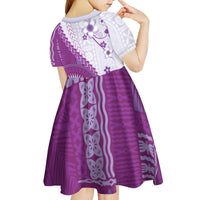 Bula Fiji Kid Short Sleeve Dress Violet Plumeria Masi Tapa Pattern - Polynesian Pride