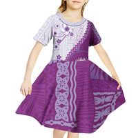 Bula Fiji Kid Short Sleeve Dress Violet Plumeria Masi Tapa Pattern - Polynesian Pride