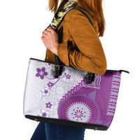 Bula Fiji Leather Tote Bag Violet Plumeria Masi Tapa Pattern - Polynesian Pride