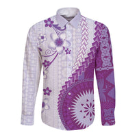 Bula Fiji Long Sleeve Button Shirt Violet Plumeria Masi Tapa Pattern - Polynesian Pride