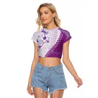Bula Fiji Raglan Cropped T Shirt Violet Plumeria Masi Tapa Pattern - Polynesian Pride