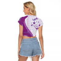 Bula Fiji Raglan Cropped T Shirt Violet Plumeria Masi Tapa Pattern LT05 - Polynesian Pride