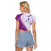 Bula Fiji Raglan Cropped T Shirt Violet Plumeria Masi Tapa Pattern - Polynesian Pride