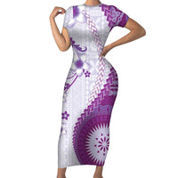 Bula Fiji Short Sleeve Bodycon Dress Violet Plumeria Masi Tapa Pattern LT05 Long Dress Violet - Polynesian Pride