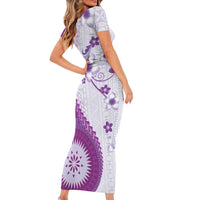 Bula Fiji Short Sleeve Bodycon Dress Violet Plumeria Masi Tapa Pattern LT05 - Polynesian Pride