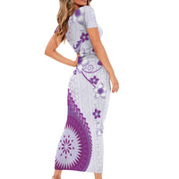 Bula Fiji Short Sleeve Bodycon Dress Violet Plumeria Masi Tapa Pattern - Polynesian Pride