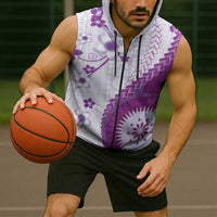 Bula Fiji Sleeveless Zip Hoodie Violet Plumeria Masi Tapa Pattern - Polynesian Pride