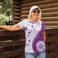 Bula Fiji Women Polo Shirt Violet Plumeria Masi Tapa Pattern - Polynesian Pride