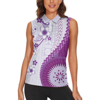 Bula Fiji Women Sleeveless Polo Shirt Violet Plumeria Masi Tapa Pattern - Polynesian Pride