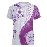 Bula Fiji Women V-Neck T-Shirt Violet Plumeria Masi Tapa Pattern LT05 Female Violet - Polynesian Pride
