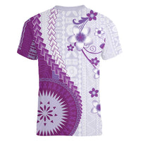 Bula Fiji Women V-Neck T-Shirt Violet Plumeria Masi Tapa Pattern - Polynesian Pride