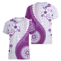Bula Fiji Women V-Neck T-Shirt Violet Plumeria Masi Tapa Pattern LT05 - Polynesian Pride