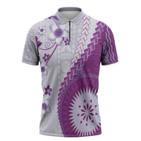 Bula Fiji Zipper Polo Shirt Violet Plumeria Masi Tapa Pattern - Polynesian Pride