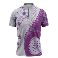 Bula Fiji Zipper Polo Shirt Violet Plumeria Masi Tapa Pattern LT05 Violet - Polynesian Pride