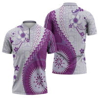Bula Fiji Zipper Polo Shirt Violet Plumeria Masi Tapa Pattern - Polynesian Pride
