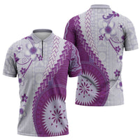 Bula Fiji Zipper Polo Shirt Violet Plumeria Masi Tapa Pattern LT05 - Polynesian Pride