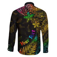 Personalised New Zealand Wellington Pride Family Matching Off Shoulder Long Sleeve Dress and Hawaiian Shirt Rainbow Silver Fern Paua Shell LT05 - Polynesian Pride