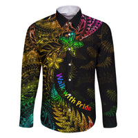 Personalised New Zealand Wellington Pride Family Matching Off Shoulder Short Dress and Hawaiian Shirt Rainbow Silver Fern Paua Shell LT05 Dad's Shirt - Long Sleeve Black - Polynesian Pride