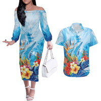 Polynesia Humpback Whale Couples Matching Off The Shoulder Long Sleeve Dress and Hawaiian Shirt Ocean Style LT05 Blue - Polynesian Pride