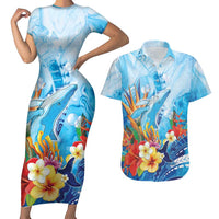Polynesia Humpback Whale Couples Matching Short Sleeve Bodycon Dress and Hawaiian Shirt Ocean Style LT05 Blue - Polynesian Pride