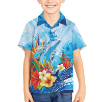Polynesia Humpback Whale Family Matching Off Shoulder Short Dress and Hawaiian Shirt Ocean Style LT05 Son's Shirt Blue - Polynesian Pride