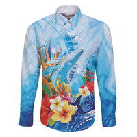 Polynesia Humpback Whale Family Matching Puletasi and Hawaiian Shirt Ocean Style LT05 Dad's Shirt - Long Sleeve Blue - Polynesian Pride