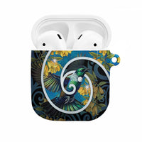 New Zealand Tui Bird AirPods Case Maori Koru With Kowhai Flowers LT05 Black - Polynesian Pride