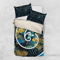New Zealand Tui Bird Bedding Set Maori Koru With Kowhai Flowers LT05 US Twin 172cm x 218cm Black - Polynesian Pride