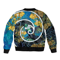 New Zealand Tui Bird Bomber Jacket Maori Koru With Kowhai Flowers LT05 - Polynesian Pride