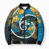 New Zealand Tui Bird Bomber Puffer Jacket Maori Koru With Kowhai Flowers LT05 Unisex Black - Polynesian Pride