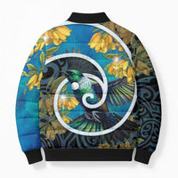 New Zealand Tui Bird Bomber Puffer Jacket Maori Koru With Kowhai Flowers LT05 - Polynesian Pride