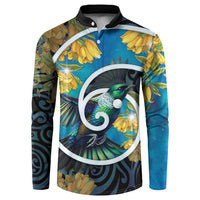 New Zealand Tui Bird Button Sweatshirt Maori Koru With Kowhai Flowers LT05 Black - Polynesian Pride