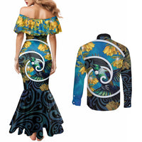 New Zealand Tui Bird Couples Matching Mermaid Dress and Long Sleeve Button Shirt Maori Koru With Kowhai Flowers