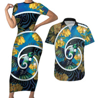 New Zealand Tui Bird Couples Matching Short Sleeve Bodycon Dress and Hawaiian Shirt Maori Koru With Kowhai Flowers