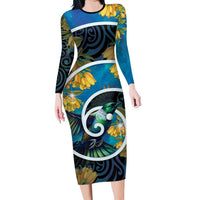 New Zealand Tui Bird Family Matching Long Sleeve Bodycon Dress and Hawaiian Shirt Maori Koru With Kowhai Flowers