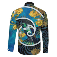 New Zealand Tui Bird Family Matching Short Sleeve Bodycon Dress and Hawaiian Shirt Maori Koru With Kowhai Flowers
