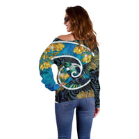 New Zealand Tui Bird Off Shoulder Sweater Maori Koru With Kowhai Flowers LT05 - Polynesian Pride