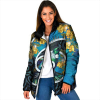 New Zealand Tui Bird Padded Jacket Maori Koru With Kowhai Flowers LT05 Women Black - Polynesian Pride