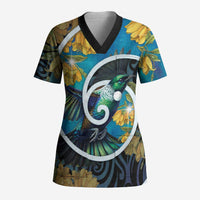 New Zealand Tui Bird Scrub Top Maori Koru With Kowhai Flowers LT05 Adult Black - Polynesian Pride