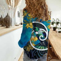 New Zealand Tui Bird Women Casual Shirt Maori Koru With Kowhai Flowers