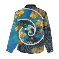 New Zealand Tui Bird Women Casual Shirt Maori Koru With Kowhai Flowers