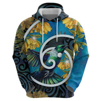New Zealand Tui Bird Zip Hoodie Maori Koru With Kowhai Flowers LT05 - Polynesian Pride