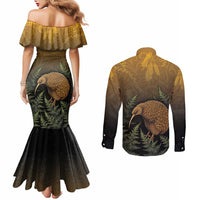 New Zealand Kiwi Bird Couples Matching Mermaid Dress and Long Sleeve Button Shirt Silver Fern Mix Maori Pattern