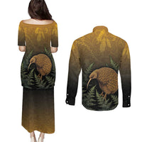 New Zealand Kiwi Bird Couples Matching Puletasi and Long Sleeve Button Shirt Silver Fern Mix Maori Pattern LT05 - Polynesian Pride