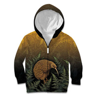 New Zealand Kiwi Bird Kid Hoodie Silver Fern Mix Maori Pattern LT05 Zip Hoodie Brown - Polynesian Pride