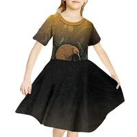 New Zealand Kiwi Bird Kid Short Sleeve Dress Silver Fern Mix Maori Pattern LT05 - Polynesian Pride