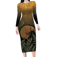 New Zealand Kiwi Bird Long Sleeve Bodycon Dress Silver Fern Mix Maori Pattern LT05 Long Dress Brown - Polynesian Pride